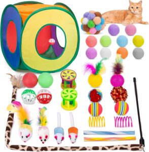 Retro Shaw Cat Toys Pack 33 Pcs, Interactive Kitten Toys for Indoor Cats Kitty with Collapsible Play Tunnel Tent, Feather Teaser Wand Bell Balls Springs Mouse Toys for Boredom Relief & Exercise
