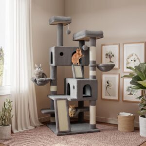 SHA CERLIN 65in Larger Cat Tree Tower Condo for Indoor Kitties/Multi-Level Furniture Activity Center with Wide Base/Cozy Plush Cat Perches/Baskets/Sisal Scratching Posts and Hammock/Grey