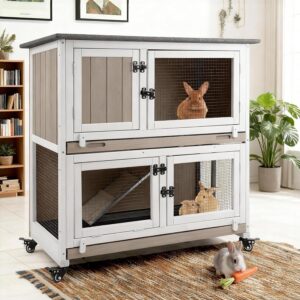 2 Story Rabbit Hutch Indoor & Outdoor, Wooden Rabbit Cage with 2 Leak-Proof Pull-Out Trays, 4 Wheels, Ramp, Chew-Anti Metal Strip for Rabbit, Guinea Pig, Hamster (36″ L x 17.8″ W x 36.7″ H)