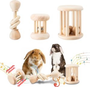 3 Pcs Wooden Bunny Toys – Safe Rabbit & Guinea Pigs Teeth Grinding Toys for Chinchillas, Hamsters & Small Animals – Indoor & Outdoor